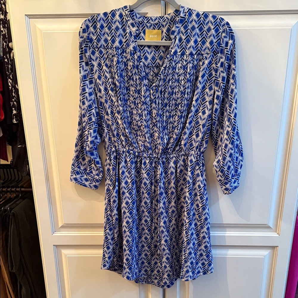 Maeve Blue and White Patterned Mini Dress